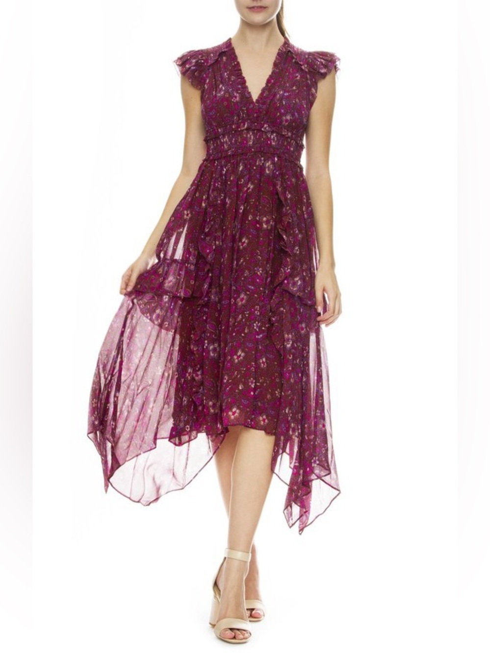 Ulla Johnson Silk Ressie Plum Floral High-Low Ruffled Dress size 4